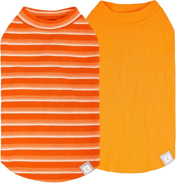 KYEESE 2Pack Waffle Dog Shirts for Small Dogs Stretchy T-Shirts Lightweight Tank Top Sleeveless Striped Shirt Vest Breathable Cat Shirt, Medium, Orange+Striped