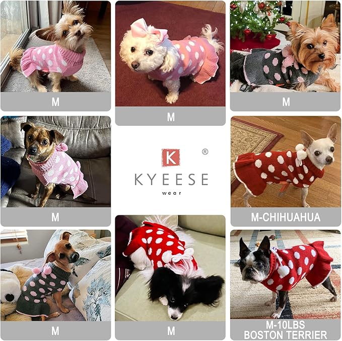 KYEESE Dog Sweaters with Leash Hole Small Dogs Sweater Dress Polka Dot Knitwear Warm for Girl Dog Clothes with Pom Pom Ball, M