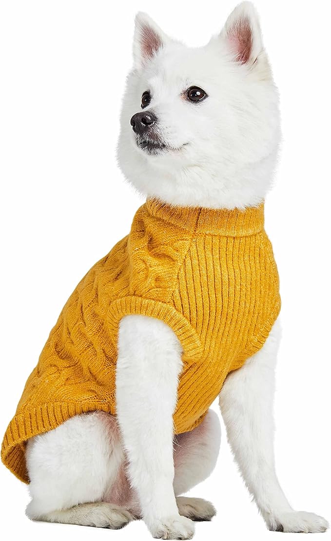Blueberry Pet Classic Fuzzy Textured Knit Pullover Crew-Neck Dog Sweater in Mustard Yellow, Back Length 20", Pack of 1 Clothes for Dogs