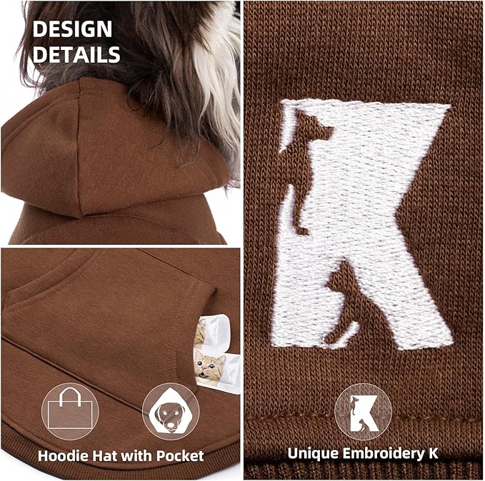 Koneseve Dog Hoodie & Cat Sweater, Warm Fleece Hooded Soft Winter Sweatshirt for All Breeds, Cozy Pet Clothes, Brown, L