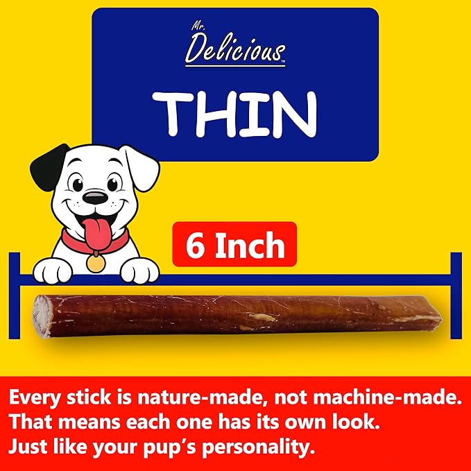 Mr. Delicious Bully Sticks for Dogs, 10 Count, 6 Inch Thin, Consistent Thickness, All Natural, Grass Fed, Rawhide-Free, Single Ingredient, Long Lasting Dog Chews