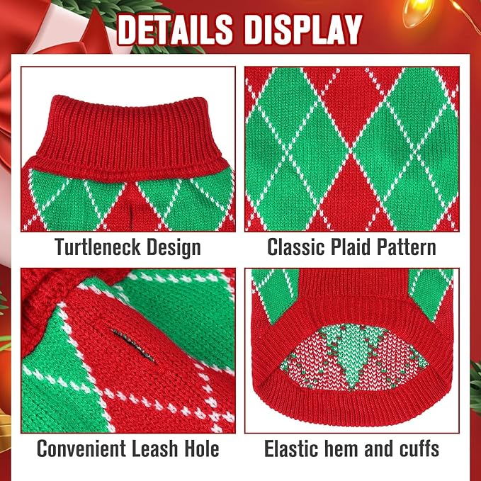 KOOLTAIL Dog Christmas Sweater, Knit Turtleneck Cold Weather Dog Sweaters for Small Medium Large Dogs, Red and Green Plaid Pullover Knitwear Dog Winter Warm Clothes, Puppy Sweater for Girls Boys XS