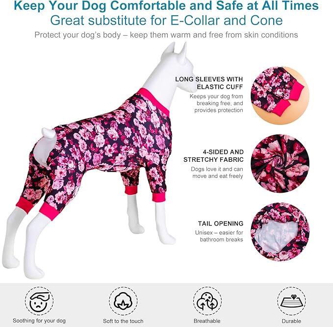 LovinPet Puppy Surgical Pajamas for s Dogs - Pet Anxiety Relief Onesies, Comfy Stretchy Fabric, Berry Roses Print, Big Dog Surgery Recovery Pajamas, Dog Party Apparel,Pink XXL