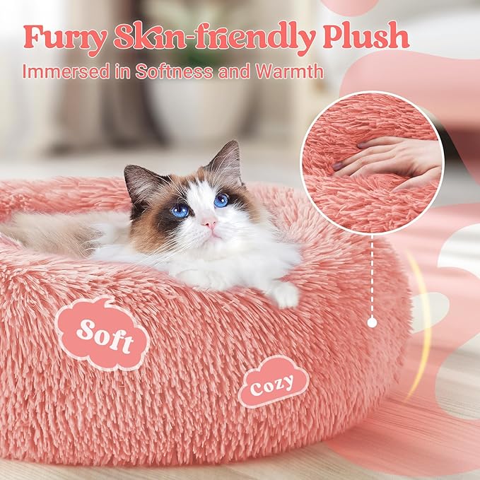 rabbitgoo Cat Beds for Indoor Cats, 20 inches Cat Bed Machine Washable, Fluffy Round Pet Bed Non-Slip, Calming Soft Plush Donut Cuddler Cushion Self Warming for Small Dogs Kittens, Light Pink, Medium