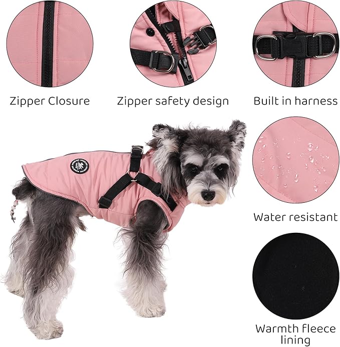 Norbi Small Dog Coat with Harness Built in for Winter, Waterproof Puffer Jacket Vest for Small Medium Breeds, Easy Walk Warm Gear for Chihuahua Yorkie Puppy(Pink, XS)