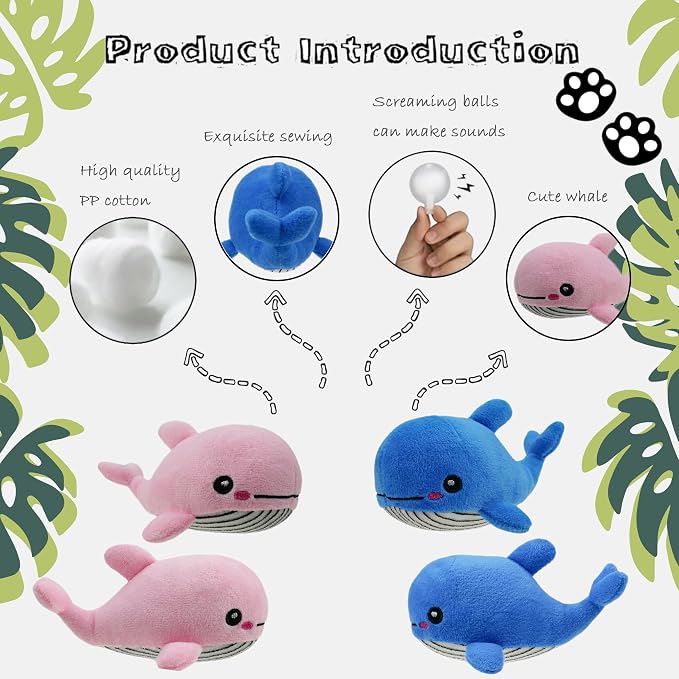 Dog Hide and Seek Toys Puppy Chew Squeaky Toys Plush Mushroom&Bamboo&Shell Hideout Stuffing with Squeakers Animals (3Pcs Squeaky Whale Blue)