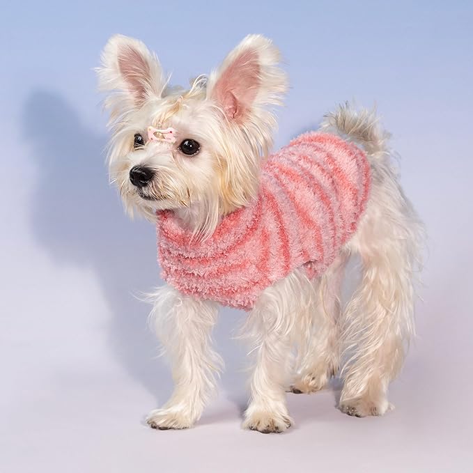 Fitwarm 2 Pack Striped Fleece Dog Sweater, Warm Winter Clothes for Small Dogs Boy Girl, Fuzzy Pet Outfit, Pink, Lavender Purple, Large