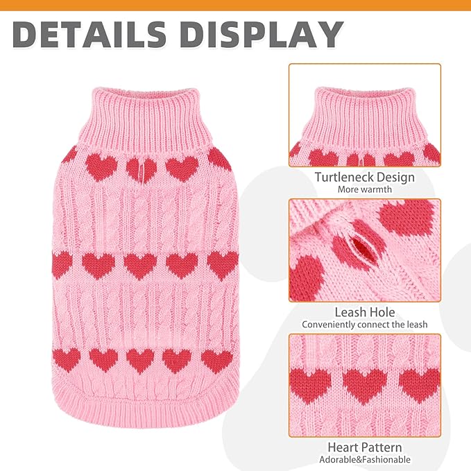 KOOLTAIL Valentine's Day Dog Sweater Turtleneck, Cold Weather Pullover Classic Knitwear, Heart Pattern Thick Warm Winter Pet Clothes, Cable Knit Sweater for Small Medium Large Dogs Girl Boy, Pink M