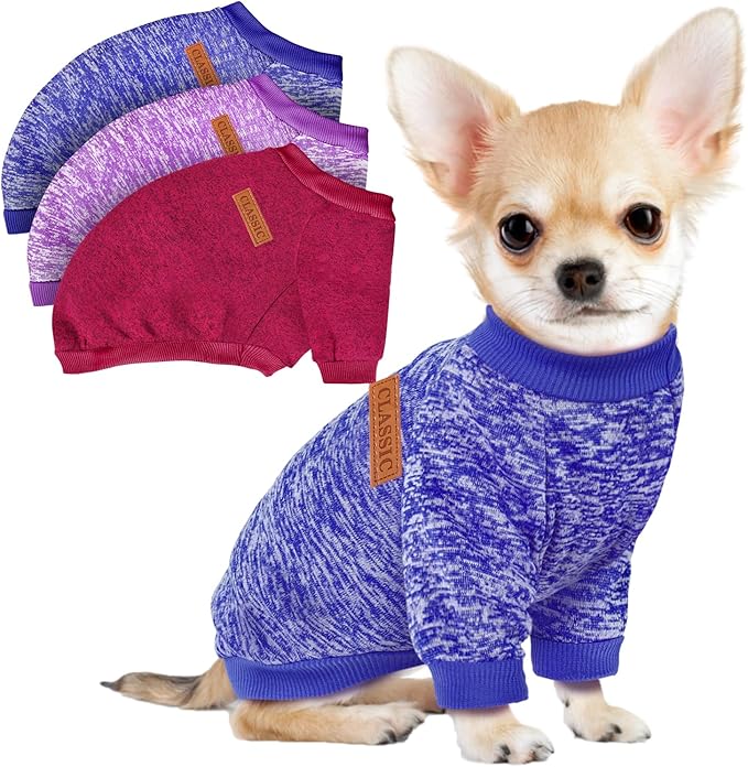 3 Pack Dog Sweaters for Small Dogs Girl Boy Winter Fleece Clothes Warm Soft Dog Sweatshirt Outfit for Dogs Cats Pet Apparel (Purple+ Wine Red+Dark Blue, Small)