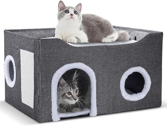 Gosipeya Cat House for Indoor Cats – Foldable Cat Cave & Covered Cat Bed, Cozy Hideaway for Small Pets and Large Cats (23.6"x16"x12.8"),Dark Grey