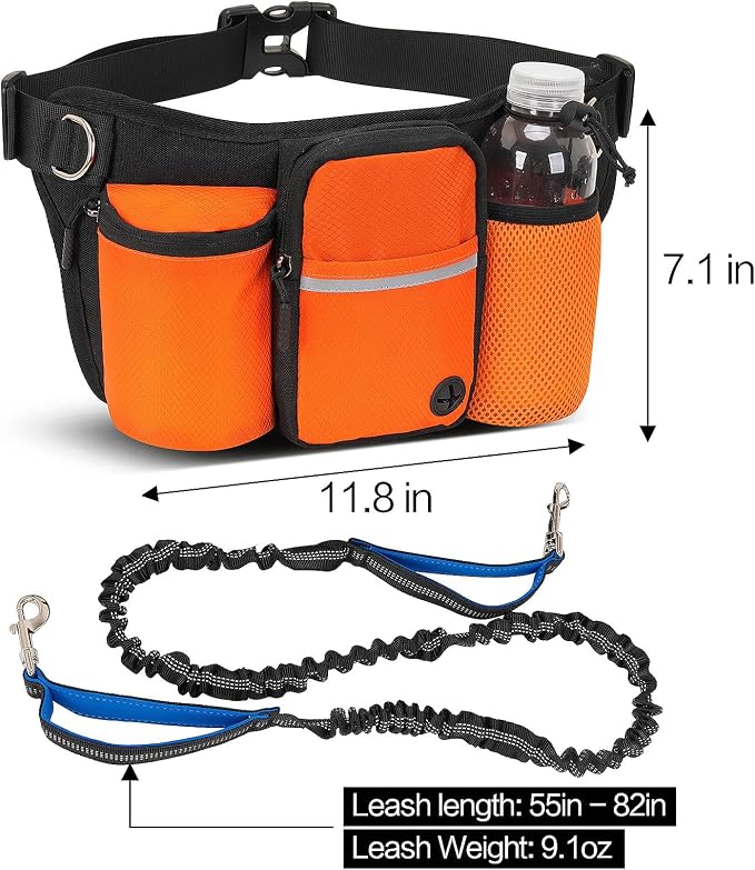 Hands Free Dog Leash Waist Pack with Bungee & Treat Pouch Oxford Water-Resistant Multi-Pocket Belt for Walking Hiking Jogging and Dog Walking (Grey)