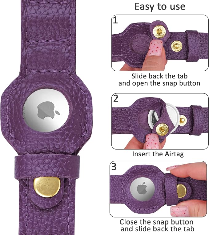 Leather Airtag Dog Collar - Soft Tracking Dog Collar with Apple AirTag Holder and Metal Buckle - Safety GPS Pet Collars for Small Medium Large Dogs Puppy Pink Red (Purple, S, 12"-15" Neck Fit)