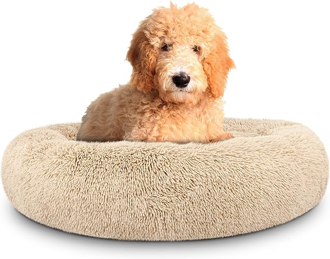 The Dog’s Bed Sound Sleep Donut Dog Bed, Large Dog Beige Fur Calming Nest Bed, Veterinary Approved