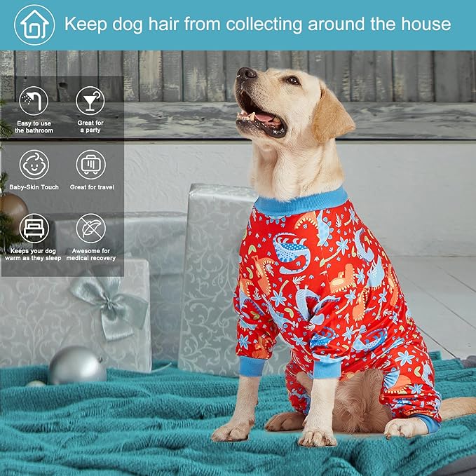 LovinPet Pitbull Dog Pajamas, Large Dog Onesies for Surgery Care, Lightweight Stretchy Knit Fabric, Dinosaur Jungle Red Print, Pet Clothes, UV Protection, Pet Anxiety Relief, PJ's for Dogs, 2XL