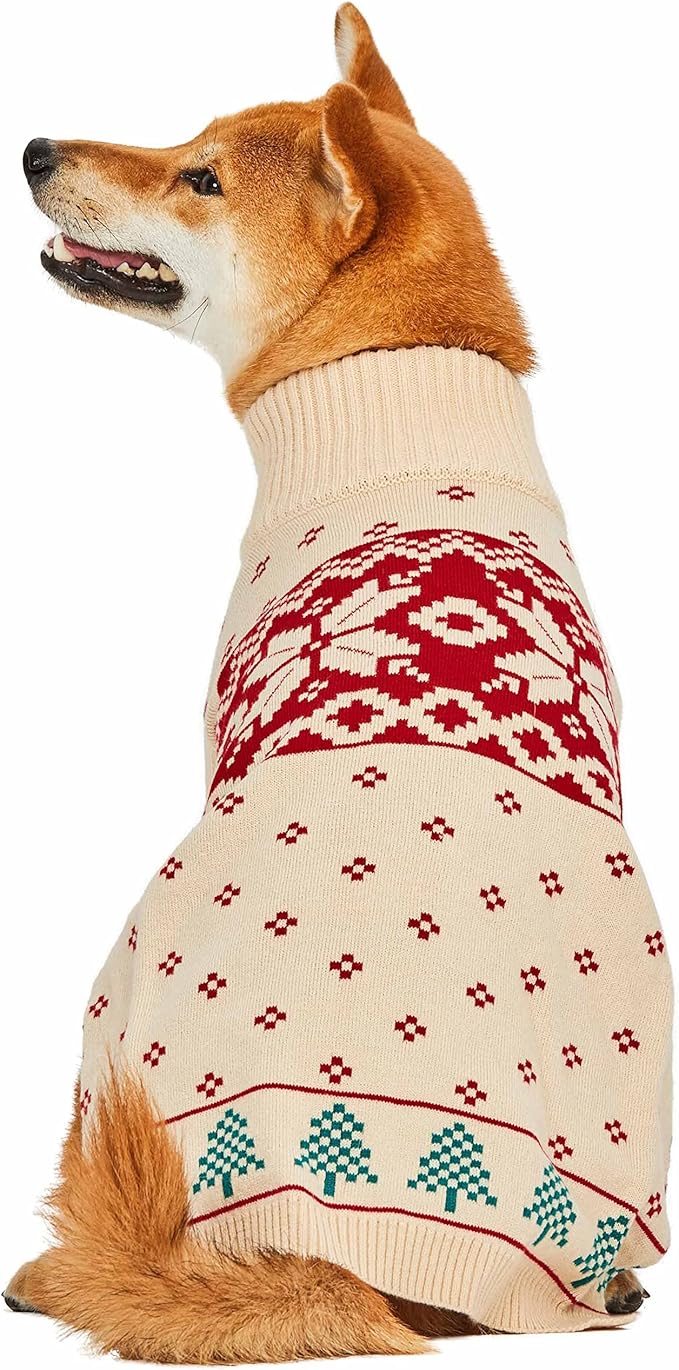 Blueberry Pet Christmas Tree and Snowflake Dog Sweater in Light Beige, Back Length 16", Pack of 1 Clothes for Dogs