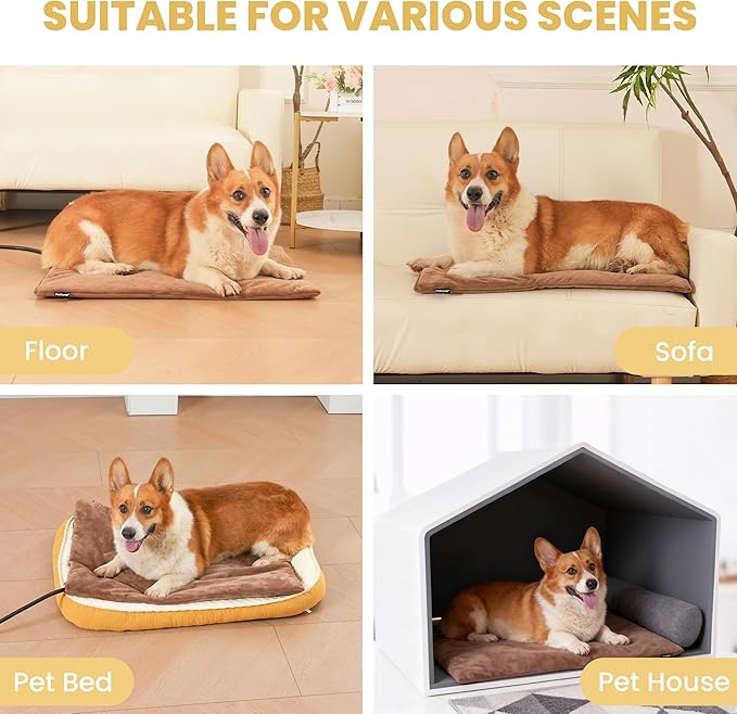 PetTemp Large Pet Heating Pad for Cats Dogs Indoor & Sheltered Outdoor Waterproof Heated Dog Bed Heated Cat Bed Chew Resistant Cord Constant Temperature Brown 26 x 20 Inch