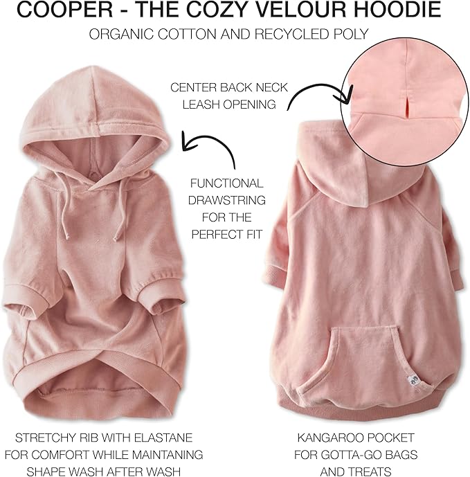 Cooper II Organic Cotton Velour Dog Hoodie Pet Coat for Small, Medium and Large Dogs, Pink, Small