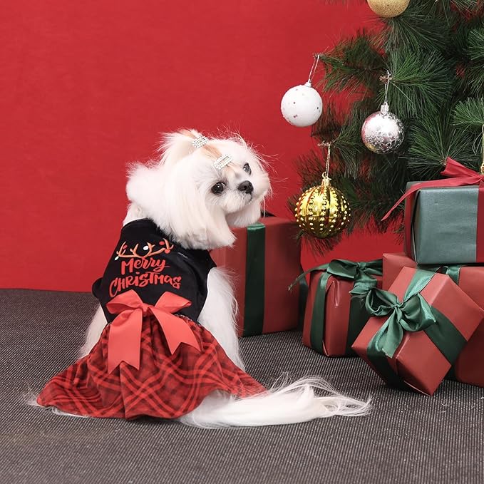 CuteBone Christmas Dog Dresses Velvet Holiday Small Dogs Clothes Onesie Pet Apparel Girl Puppy Skirt with Bow Hair Rope CVA59XS-D