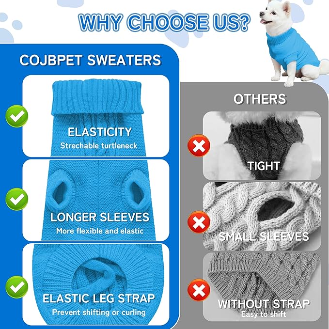 Knitted Dog Sweater for Small Dogs, Pullover Turtleneck Pet Sweaters, Winter Dog Clothes, Warm Soft Winter Holiday Cat Sweater, Blue, S