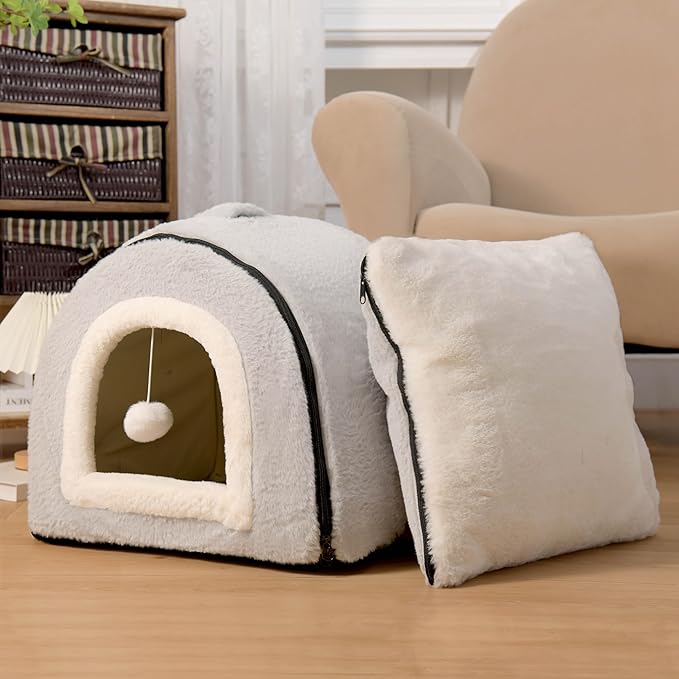 OMIVIER Cat Bed for Indoor Cats，Foldable cat cave，Anti-Slip & Water-Resistant Bottom，cat Houses for Indoor Cats or Small Dogs, Kitten Tent, Rabbit Bed，2 in 1 pet Bed (Grey)