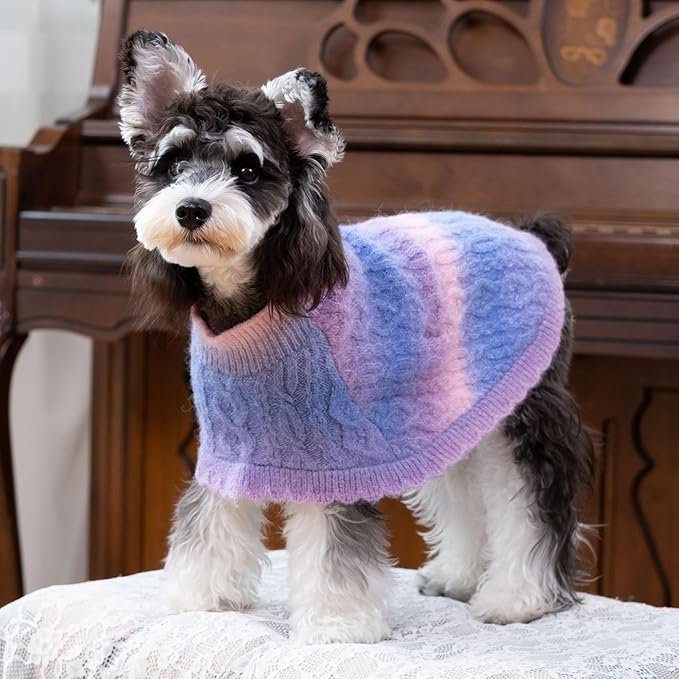 Rainbow Mohair Dog Sweater Cloak, Cold Weather Coat Dog Jacket for Small Dogs, Classic Turtleneck Thick Puppy Clothes with Leash Hole DS93L