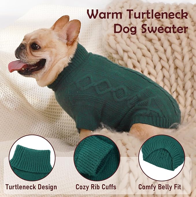 PeacockGreen Classic Dog Knit Sweater - Warm Holiday Turtleneck for Large Dogs, Easy On & Off with Harness Hole - Dachshund, Frenchie