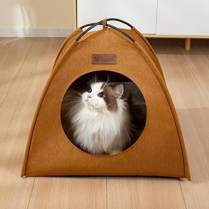 VERABE Cat Tent, Waterproof Indoor Outdoor Cat House Bed with Removable Cushion - All-Season Assembly-Free Cozy Cave for Cats &Small Dogs (Small, Yellow-Brown)