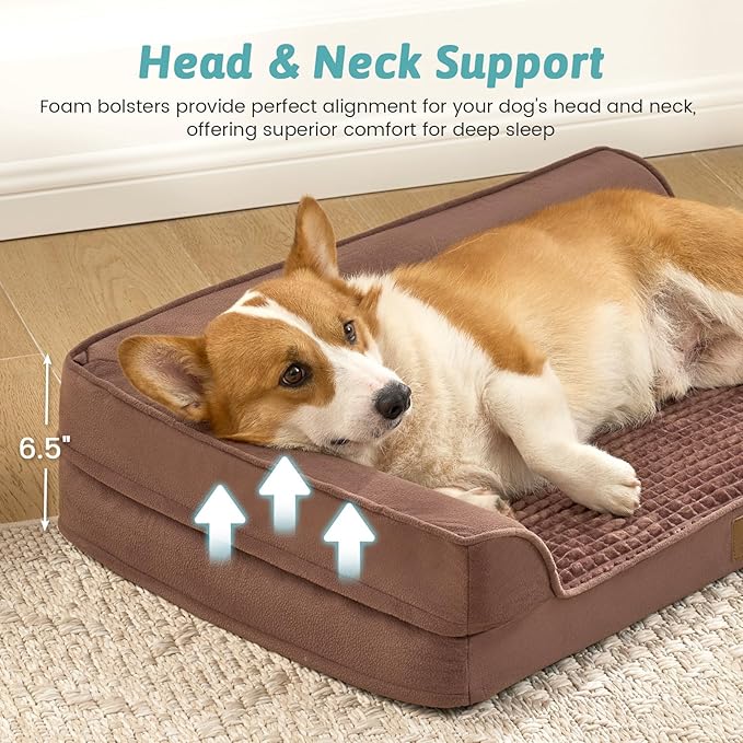 COZY KISS Orthopedic Dog Bed for Large Medium Size Dog, Dogs Crate Bed, L Shaped Foam Anti-Slip Bottom Pet Cat Sofa with Washable Removable Cover, Suitable for Pet Up to 75 lbs, 36x27x7.5 inch, Brown