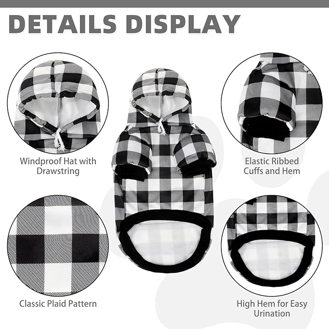 KOOLTAIL Plaid Dog Hoodie for Small Medium Large Dogs - Pet Clothes Sweater with Hat and Pocket for Cold Weather Winter, Warm Soft Hooded Sweatshirt Coat Outfit for Puppy Cats Girls Boys White SM