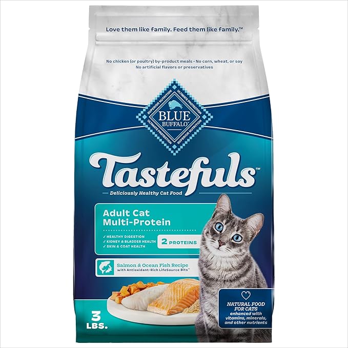 Blue Buffalo Tastefuls Adult Cat Dry Food, Multi-Protein Salmon & Ocean Fish Recipe, 3-lb. Bag