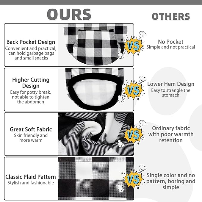 KOOLTAIL Plaid Dog Hoodie for Small Medium Large Dogs - Pet Clothes Sweater with Hat and Pocket for Cold Weather Winter, Warm Soft Hooded Sweatshirt Coat Outfit for Puppy Cats Girls Boys White SM