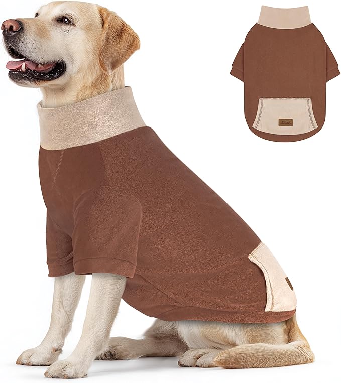 cyeollo Fleece Dog Sweaters for Large Dogs, Stretchy Soft Fleece Sweatshirt for Dogs Boy Girl Turtleneck Warm Winter Big Dog Pullover Clothes with Sleeves, Brown XXXL