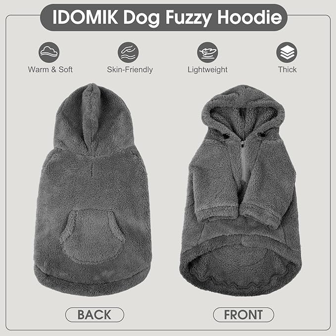 IDOMIK Fuzzy Dog Sweater with Adjustable Hood, Warm Fleece Dog Sweater Hoodie with Harness Hole & Pocket, Pullover Sweaters for Large Dogs, Fuzzy Hooded Sweatshirt for Fall Winter Christmas,Grey,2XL