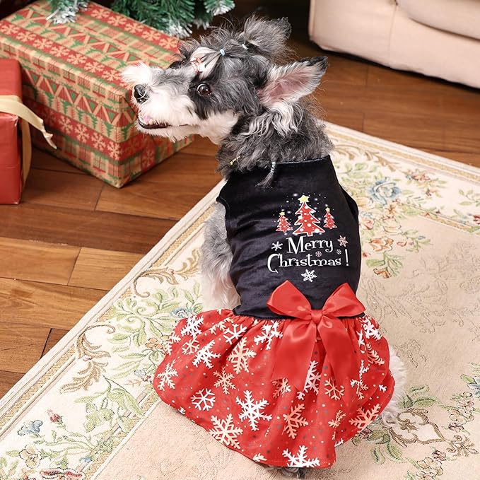 CuteBone Christmas Dog Dresses Velvet Holiday Small Dogs Clothes Onesie Pet Apparel Girl Puppy Skirt with Bow Hair Rope CVA54L-D