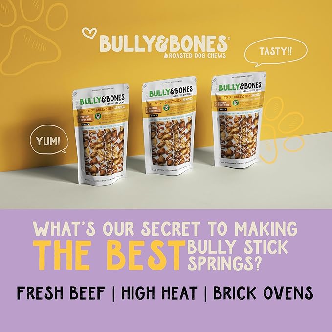 Bully & Bones 5 to 7 Inch Odor Free Bully Stick Springs (8 Pack) for Dogs. Healthy Single-Ingredient Beef chew Treats Crafted to Stimulate Your Dog’s Taste Buds. 5” to 7” Bully Stick Springs.