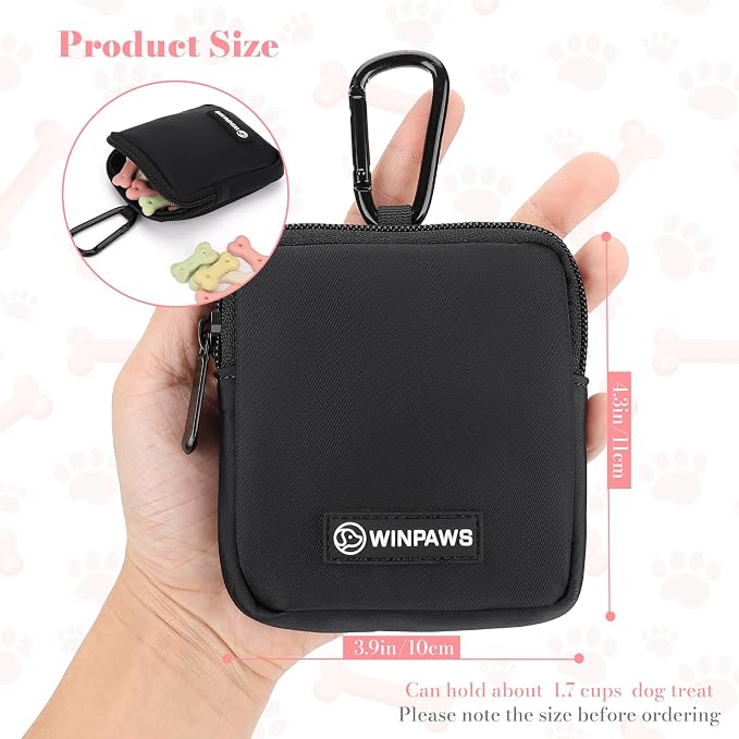 Dog Treat Pouch with Training Clicker,Waterproof Nylon Fabric Poop Bag Holders for Leashes,Hands Free Small Dog Walking Bag with Carabiner, Pet Puppy Training Walking Essentials (Black)