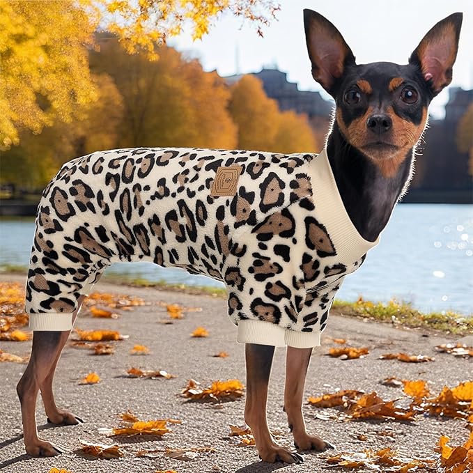 XPUDAC Fleece Dog Pajamas Leopard Dog Sweaters Winter Puppy Clothes for Small Medium Dogs Boy Girl Pet Jumpsuits Doggie Outfits for Christmas, L