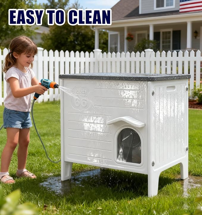 CSQOO Plastic Outdoor Cat House, 100% Weatherproof Feral Cat Shelter with Safety Escape Door, Cat House with for Barn Cat,