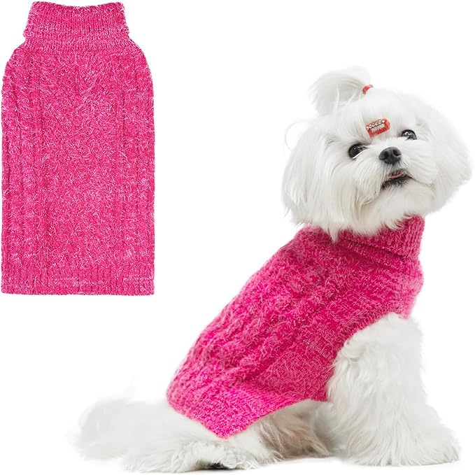 Turtleneck Small Dog Sweaters - Classic Cable Knitwear Winter Coat for Small Medium Dogs Male Female Puppy Dog Cold Weather Clothes Girls Boys, Hot Pink, S