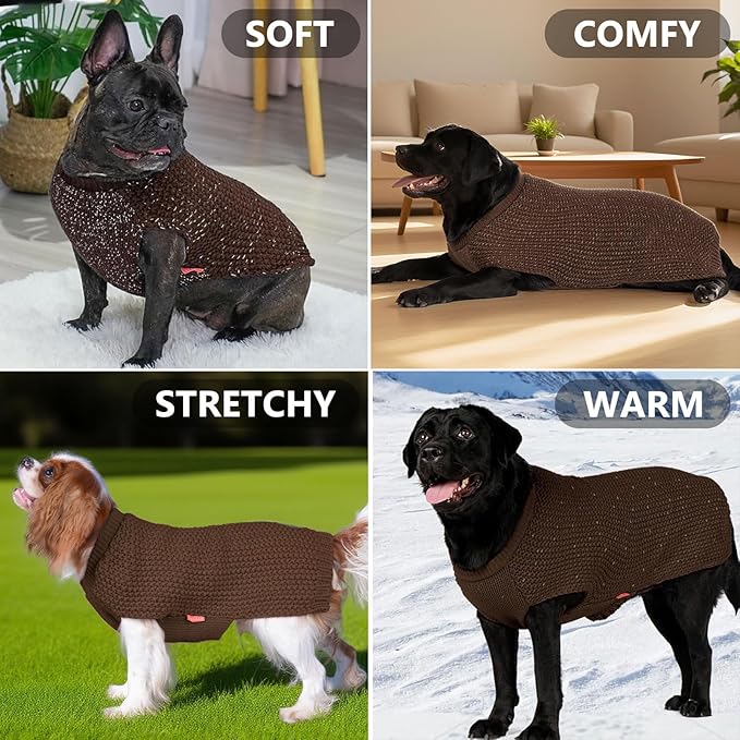 KYEESE Dog Sweater for Large Dogs with Leash Hole Warm Pullover with Reflective Yarn Male Thick Stretchy Knitwear Winter Soft Pet Coat boy for Cold Weather Comfy Dog Sweaters, Khaki, XX-Large