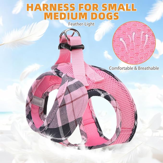 KOOLTAIL Dog Harness and Leash Set, Cute Pink Girl Dog Harness Medium Sized Dog, Step in No Pull Soft Mesh Pet Vest Harness Collar for Dogs Cats, Plaid Puppy Halters for Outdoor Walking, Pink M