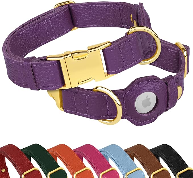 Leather Airtag Dog Collar - Soft Tracking Dog Collar with Apple AirTag Holder and Metal Buckle - Safety GPS Pet Collars for Small Medium Large Dogs Puppy Pink Red (Purple, L, 17"-21" Neck Fit)