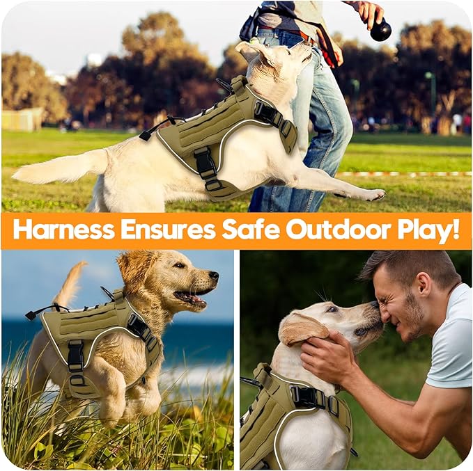 Heavy-Duty Tactical Dog Harness for Large Dogs, No Pull Adjustable Reflective Pet Vest with Molle System, K9 Military-Grade Control for Service Training, Outdoor & 10+ Breeds, Khaki, Large