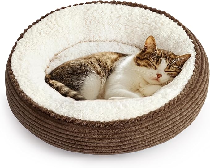 Love's cabin Round Donut Cat and Dog Cushion Bed, 20in Pet Bed for Cats or Small Dogs, Anti-Slip & Water-Resistant Bottom, Super Soft Durable Fabric Pet beds, Washable Luxury Cat Dog Bed Brown Stripe