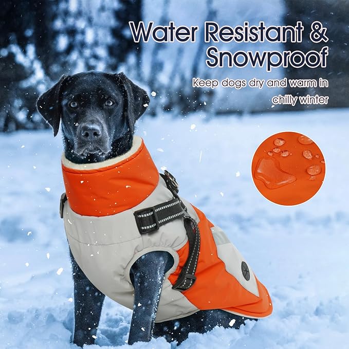 IECOii Dog Coat with Harness Built in - Orange, Large - Waterproof Winter Coat, Fleece Lined Snow Jacket for Dogs