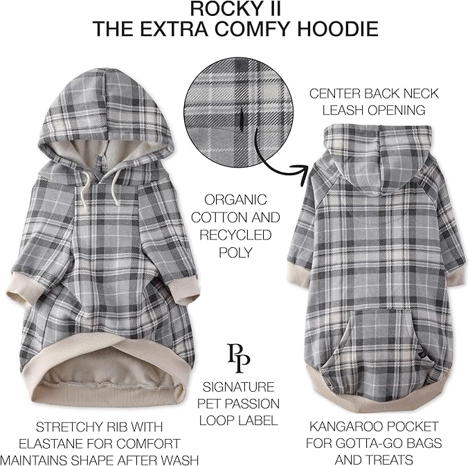 Rocky II - The Extra Comfy Hoodie, Organic Cotton and Recycled Poly Dog Hoodie Pet Coat Sweater for Small, Medium, Large Dogs, Gray Chesterfield Plaid, XXX-Small (up to 5lbs)