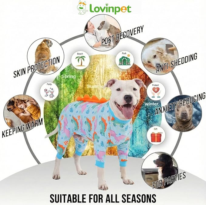 LovinPet Large Dog Pajamas, Four-Leg Stretch Onesie Bodysuit, Lightweight UV-Shielding Pajamas, Anti-Lick Calming Recovery Suit for Surgery, Pull-On for Medium and Large Breeds,Green Orange,XL