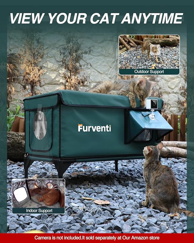 Outdoor Heated Cat House in Winter,Extremely Insulated & Weatherproof,Elevated Feral Cat Shelter with Waterproof Eaves & Escape Door for Outside Stray Barn Cat (Green,M)