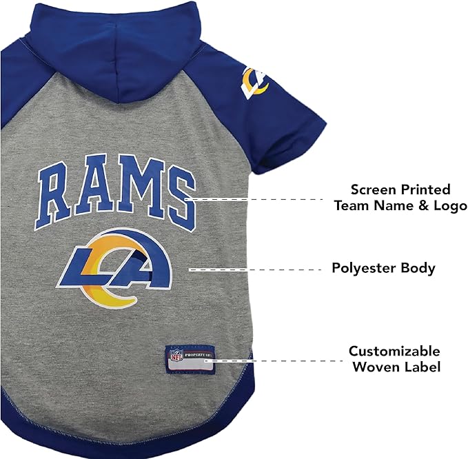 Pets First NFL Los Angeles Rams Hoodie for Dogs & Cats. NFL Football Licensed Dog Hoody Tee Shirt, Medium. Sports Hoody T-Shirt for Pets. Licensed Sporty Dog Shirt