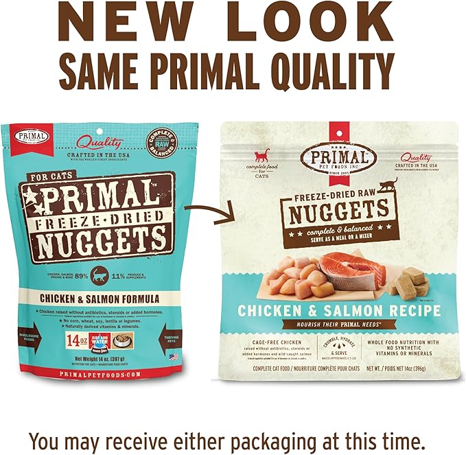 Primal Freeze Dried Raw Cat Food Nuggets Chicken & Salmon, Complete & Balanced Meal or Topper, Premium, Healthy, Grain Free, High Protein Raw Cat Food with Probiotics (5.5 oz)